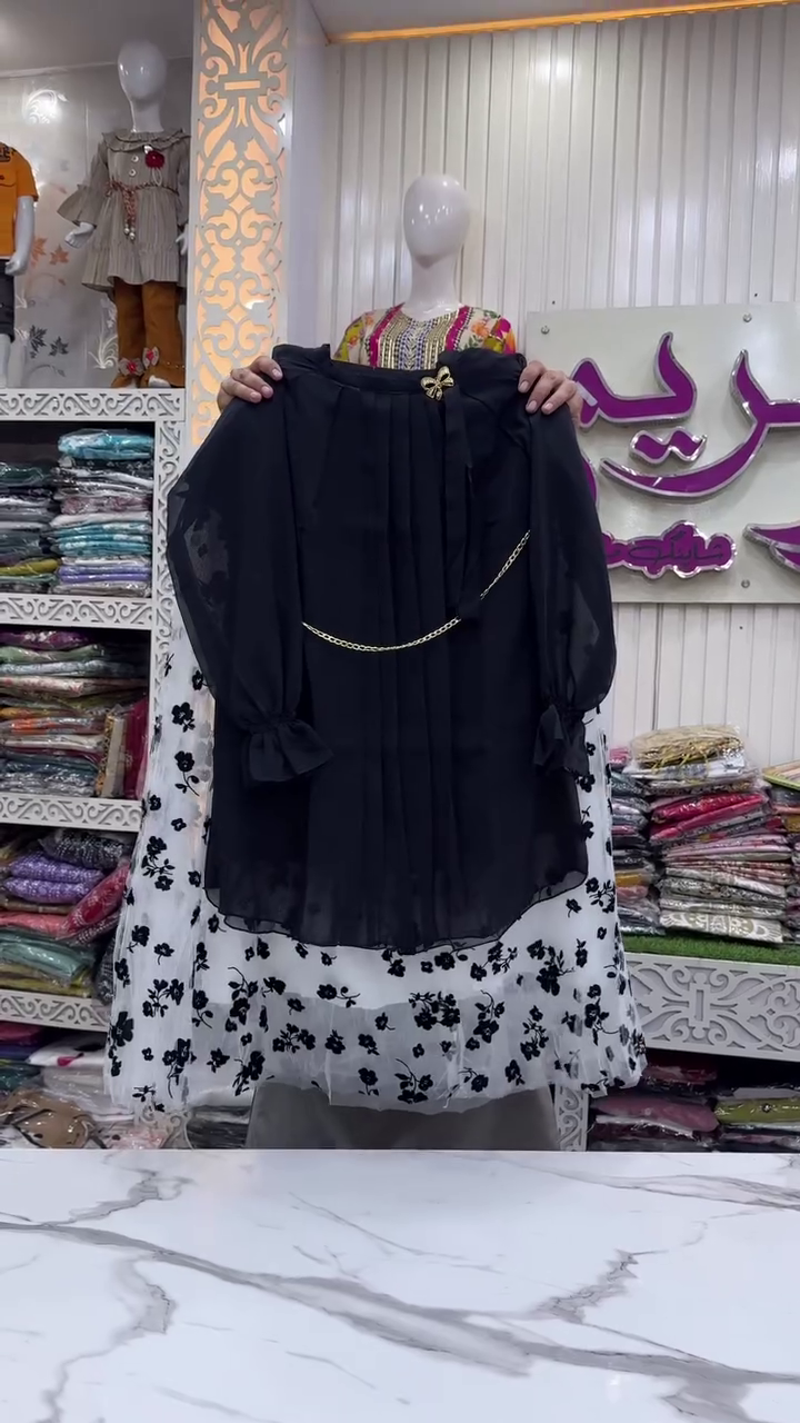Elegant Black Chiffon Long-Sleeve Top Paired With White Floral Print Skirt 🖤🤍✨