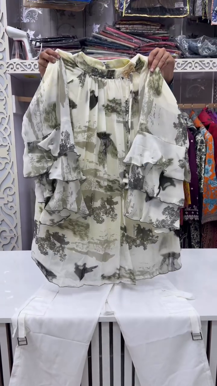 Artistic Landscape Print Chiffon Top With Layered Ruffled Sleeves Paired With White Cargo Pants 🤍🌲✨